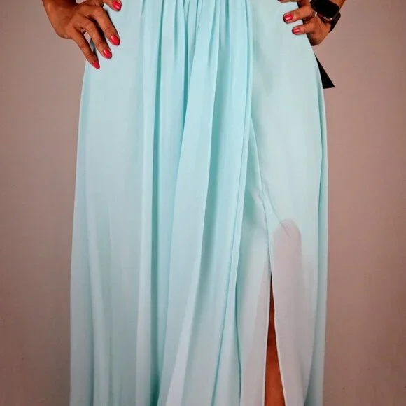 NWT Terani Couture Strapless Blue Gold Jeweled Formal Gown $495